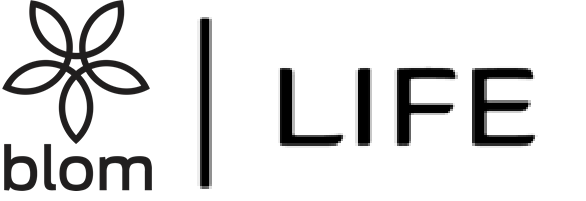 Logo of 'blom LIFE' with a stylized flower and text.